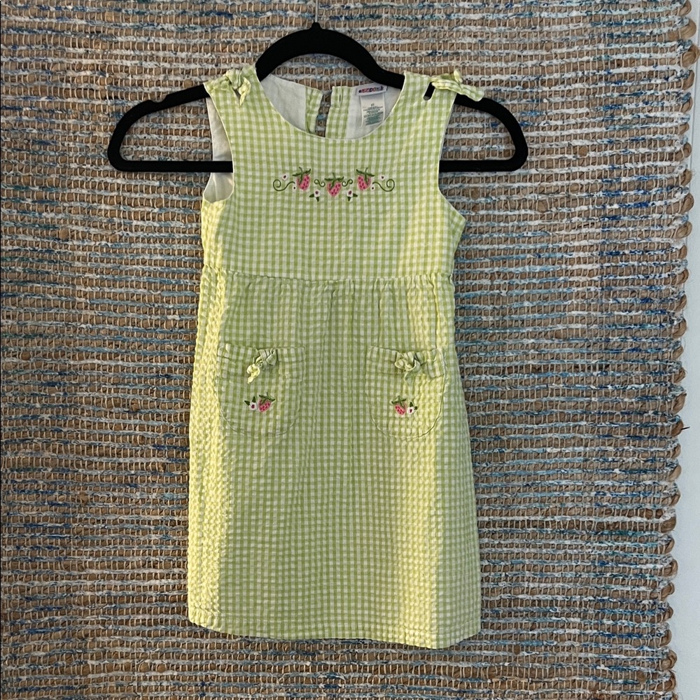 Okie Dokie Green Gingham Dress with Floral Embroidery